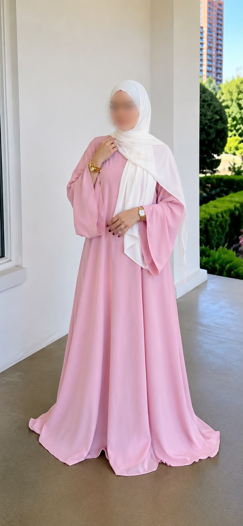 Abaya Triple Cloche Rosaline à manches très évasées – Rose Pastel