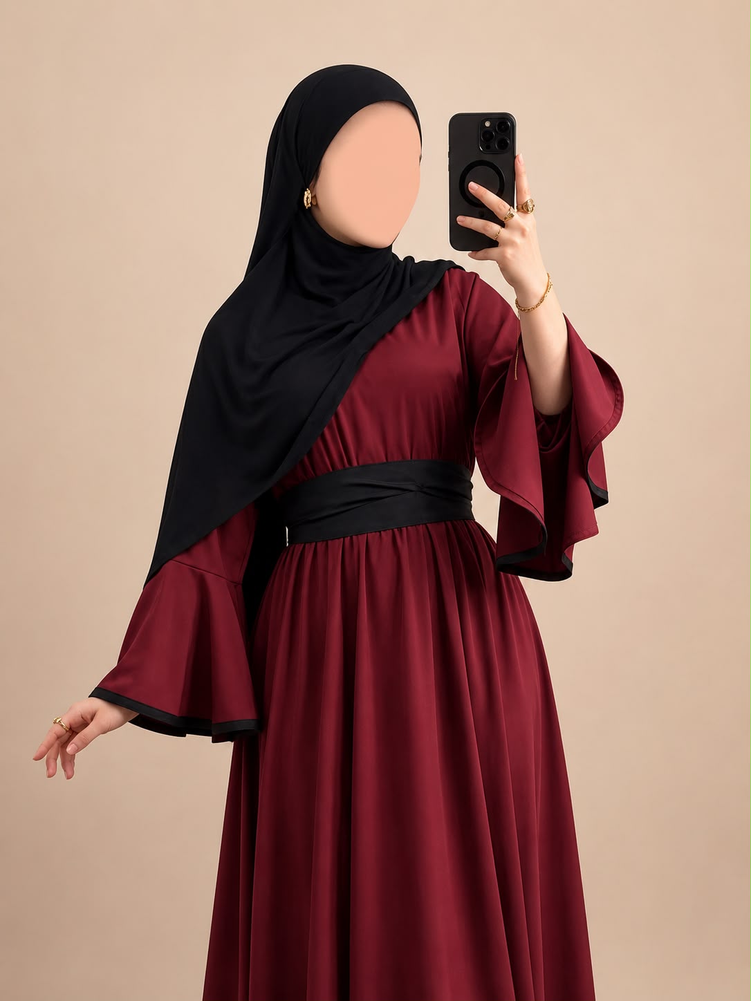 Abaya ceinturée à manches volantées