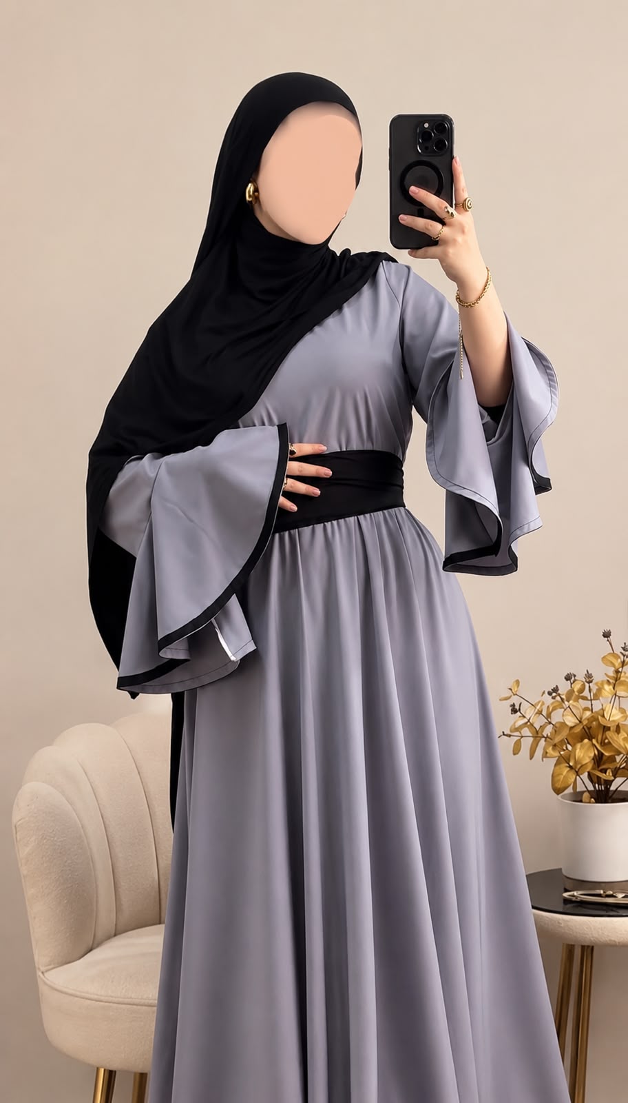 Abaya ceinturée à manches volantées