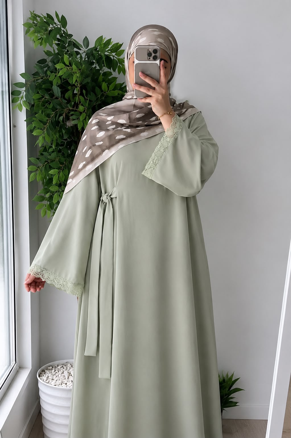 Abaya longue à manches en dentelle avec attache à nouer sur le côté